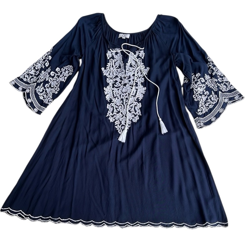 Navy Sheer Dress/Coverup with White Embroidery 3/4 Bell Sleeve Tassell at Size S